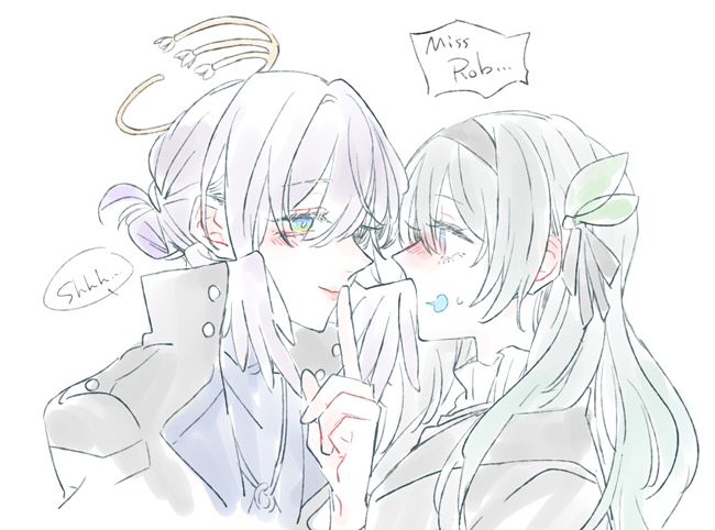 2girls, aqua_eyes, black_hairband, blue_eyes, blush, commentary, english_text, finger_to_another's_mouth, firefly_(honkai:_star_rail), grey_hair, hair_bun, hairband, halo, honkai:_star_rail, honkai_(series), long_hair, multiple_girls, purple_hair, robin_(honkai:_star_rail), simple_background, smile, speech_bubble, upper_body, white_background, xxxxxio55, yuri