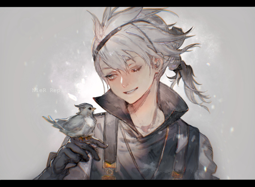 1boy, bird, bird_on_hand, black_gloves, coat, commentary_request, copyright_name, eyelashes