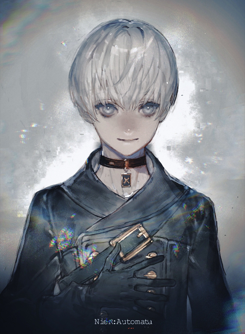 1boy, 9s_(nier:automata), absurdres, black_choker, black_gloves, black_jacket, blue_eyes, choker
