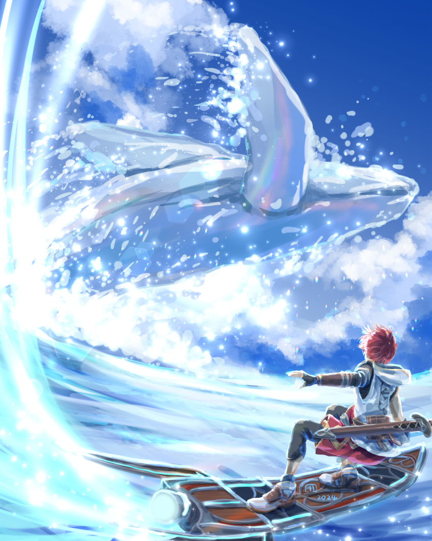 1boy, absurdres, adol_christin, ake_miyamura, black_shorts, blue_sky, clouds, commentary_request, highres, male_focus, outdoors, redhead, sheath, sheathed, shoes, shorts, sky, solo, splashing, surfing, sword, water, waves, weapon, whale, ys, ys_x_nordics