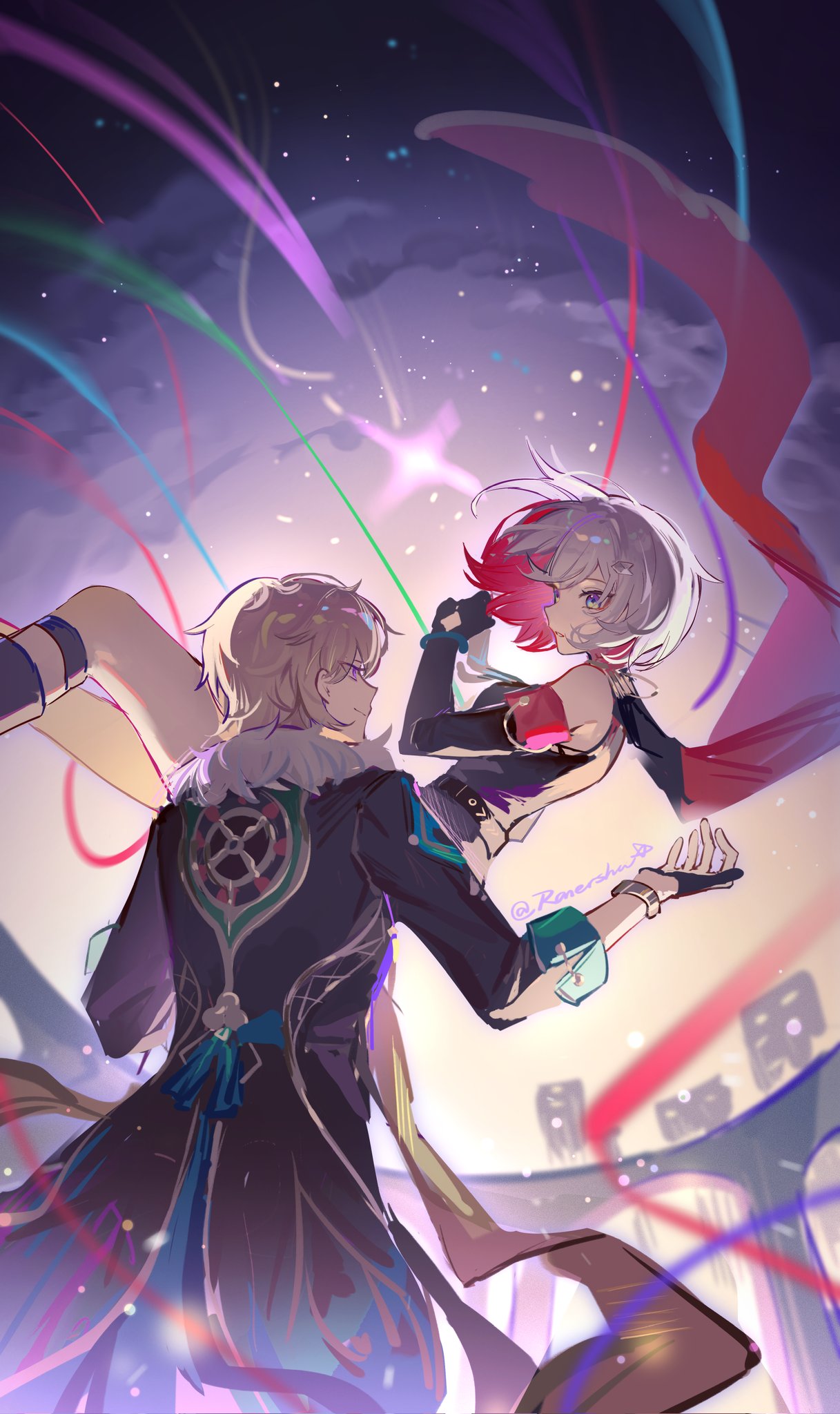 1boy, 1girl, aventurine_(honkai:_star_rail), black_gloves, blonde_hair, couple, cowboy_shot, detached_sleeves, falling, fur_collar, gloves, hetero, highres, honkai:_star_rail, honkai_(series), looking_at_another, ranersha1, redhead, short_hair, smile, topaz_(honkai:_star_rail), violet_eyes, watch, watch, white_hair