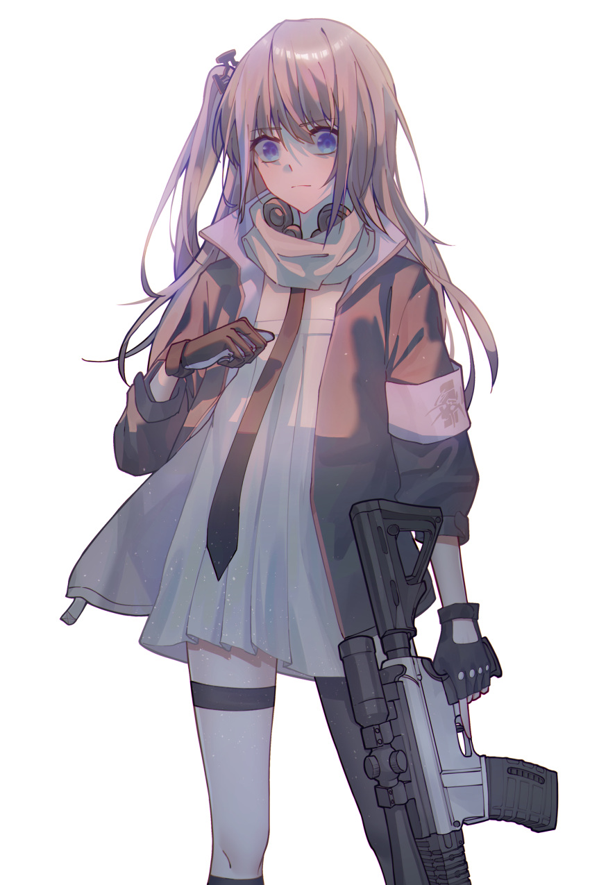1girl, absurdres, ar-15, asymmetrical_gloves, black_gloves, black_jacket, black_necktie, black_thighhighs