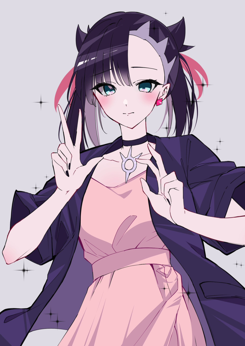1girl, asymmetrical_bangs, black_choker, black_hair, black_jacket, black_nails, blush, choker