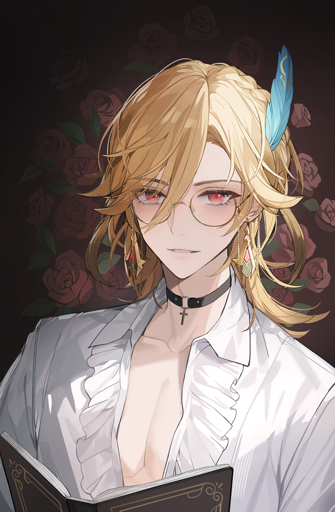 1boy, bazhua, bespectacled, black_background, black_choker, blonde_hair, blue_feathers, book