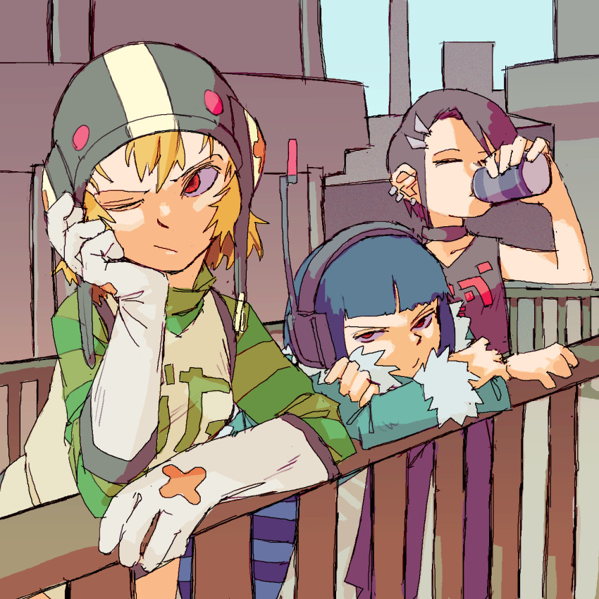 3girls, absurdres, arm_support, bis_(jsr), black_choker, black_hair, blonde_hair, blue_hair