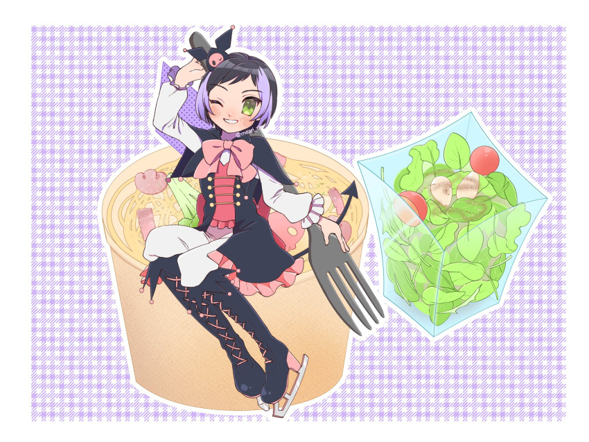 1girl, ;d, black_capelet, black_dress, black_footwear, black_hair, boots, capelet