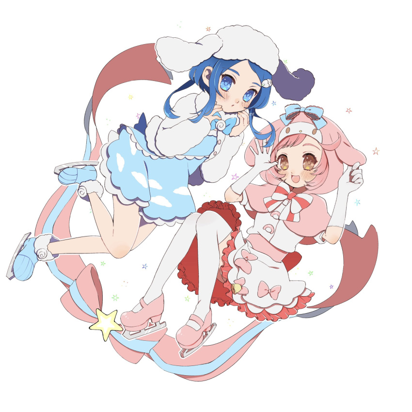 2girls, :d, animal_hood, ayase_naru, blue_dress, blue_eyes, blue_footwear, blue_hair