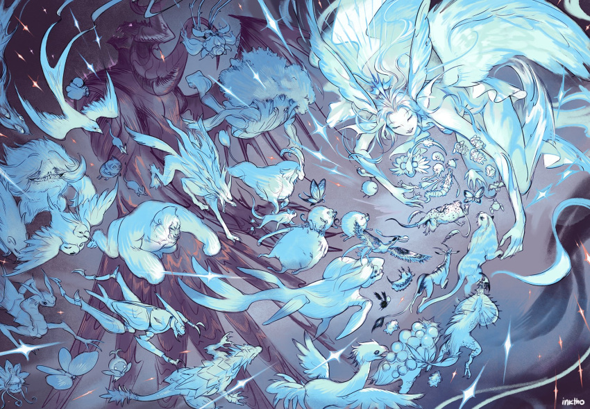 1boy, 1girl, animal, animal_focus, bird, black_skin, blue_hair, blue_skin, blue_theme, bug, butterfly, chocobo, closed_eyes, coblyn, coeurl_(final_fantasy), colored_skin, commentary, crab, creature, english_commentary, final_fantasy, final_fantasy_xiv, fins, floating, goat, goobbue_(final_fantasy), gorilla, head_fins, head_wings, headpiece, highres, horns, hydaelyn, katy_ho, korpokkur_(final_fantasy), mandragora_(final_fantasy), medium_hair, mixed_wings, mouse_(animal), multiple_wings, open_mouth, opo-opo_(final_fantasy), paissa, reptile, sharp_teeth, sheep, slug, smile, spriggan_(final_fantasy), teeth, tonberry, tree, wings, yeti_(final_fantasy), zodiark_(ff14)