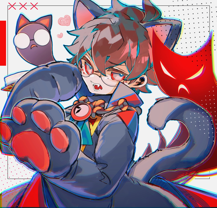 1boy, animal_costume, animal_ears, animal_hands, brown_hair, cat_costume, cat_ears, cat_tail