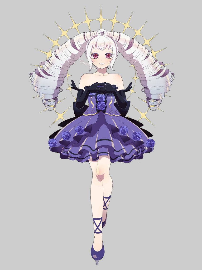 1girl, absurdres, amou_june, bare_shoulders, black_gloves, commentary_request, dress, drill_hair