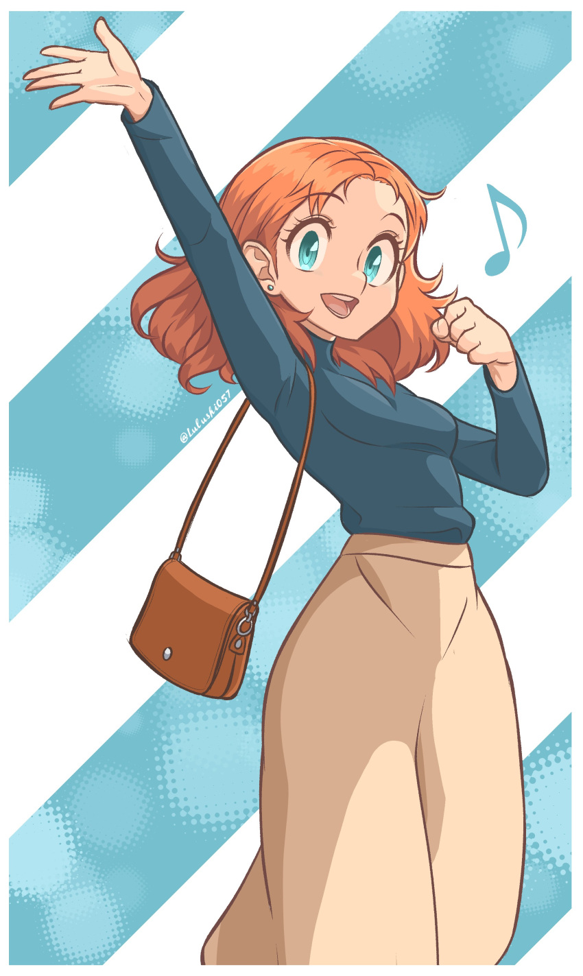 1girl, absurdres, alternate_costume, annette_fantine_dominic, bag, blue_background, blue_eyes, blue_sweater, border, brown_bag, commentary, ear_piercing, english_commentary, eyelashes, fire_emblem, fire_emblem:_three_houses, handbag, highres, long_skirt, lulushi057, medium_hair, musical_note, open_mouth, orange_hair, piercing, shoulder_bag, skirt, smile, solo, standing, striped_background, sweater, teeth, two-tone_background, waving, white_background, white_border, white_skirt