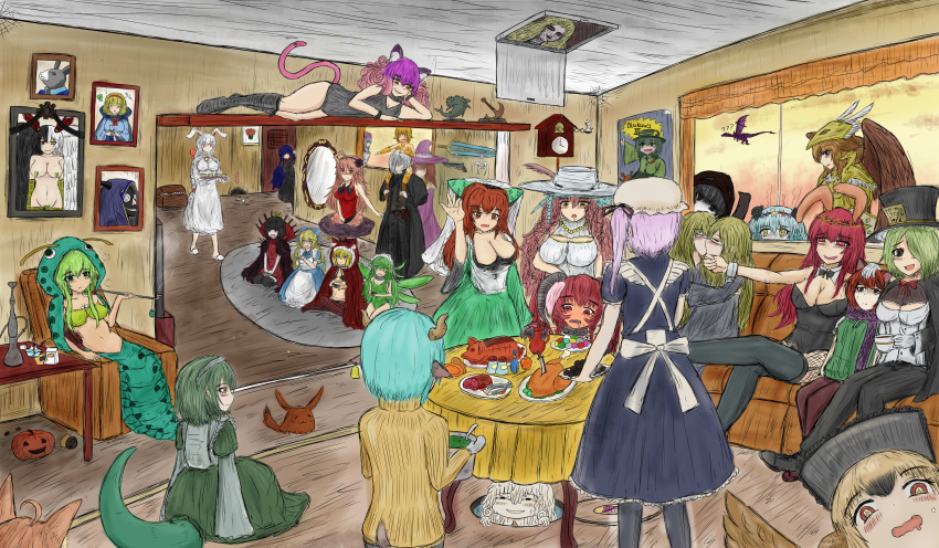 5boys, 6+girls, absurdres, alice_(black_souls), alice_margatroid, alice_margatroid_(cosplay), bandersnatch_(black_souls), bill_(black_souls), black_souls, cake, cheeky_oyster_(black_souls), cheshire_cat_(black_souls), chick_(black_souls), clock, cosplay, cuckoo_clock, dodo_(black_souls), door, dormouse_(black_souls), dorothy_(black_souls), everyone, florence_(black_souls), fluffy_(black_souls), food, griffy_(black_souls), grimm_(black_souls), hatter_(black_souls), hein_(black_souls), hellkaiser_(black_souls), highres, hookah, jabberwock_(black_souls), jiejiang_salty, jubjub_(black_souls), komeiji_koishi, kuti_(black_souls), leaf_(black_souls), lorina_(black_souls), mabel_(black_souls), march_hare_(black_souls), margaret_von_tyrol_(black_souls), meme, mimic, miranda_(black_souls), mock_turtle_(black_souls), multiple_boys, multiple_girls, node_(black_souls), otoko_no_ko, portrait_(object), prickett_(black_souls), pumpkin, rabbit, red_hood_(black_souls), salt_bae_(meme), serpent_god_(black_souls), shisha_(black_souls), student_(black_souls), sushi_yuusha_toro_(style), tweedle_dum_(black_souls), vernai_(black_souls), victoria_(black_souls), weapon, wolris_(black_souls)