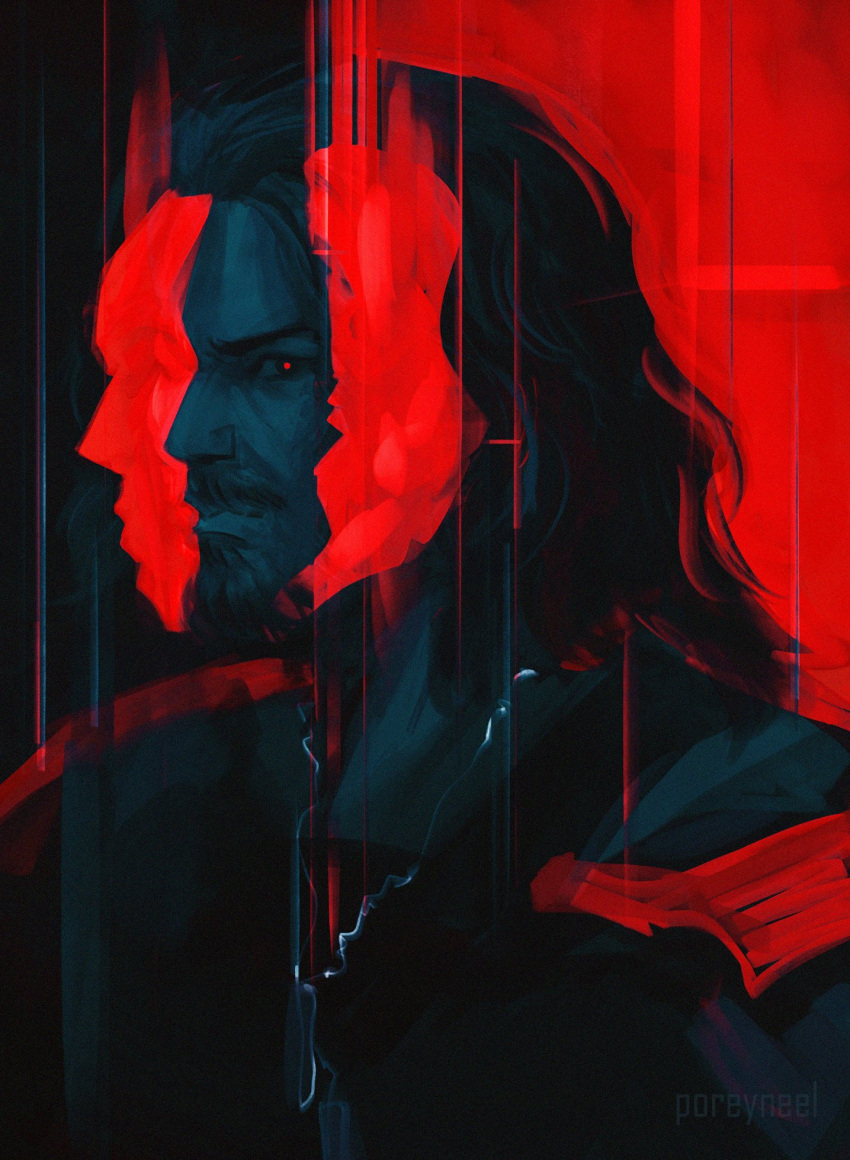 1boy, artist_name, beard, black_hair, cyberpunk_(series), cyberpunk_2077, dog_tags, facial_hair