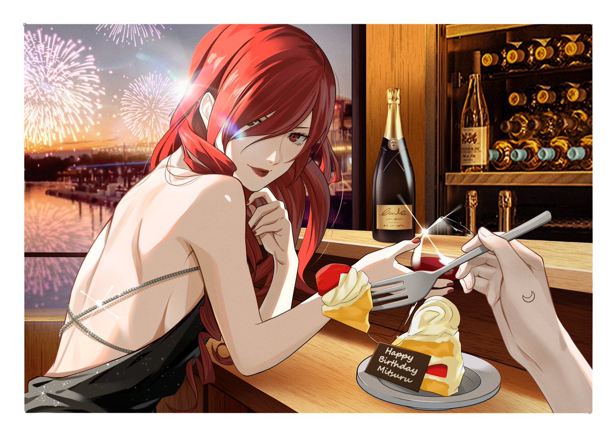 1girl, 1other, backless_dress, backless_outfit, bare_shoulders, black_dress, bottle, cake
