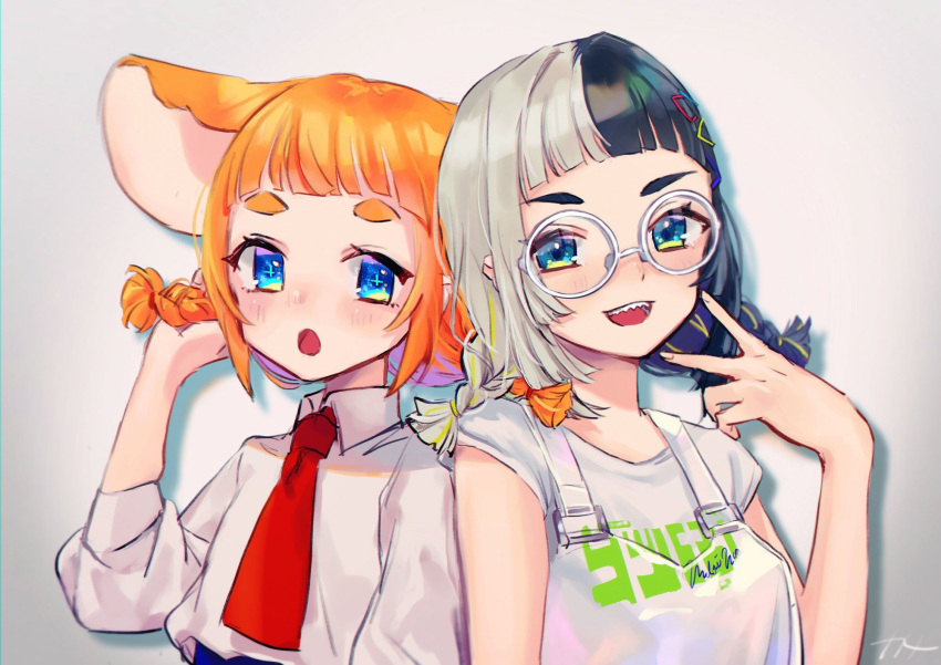 +_+, 2girls, :d, alternate_hairstyle, animal_ears, artist_name, back-to-back, black_hair