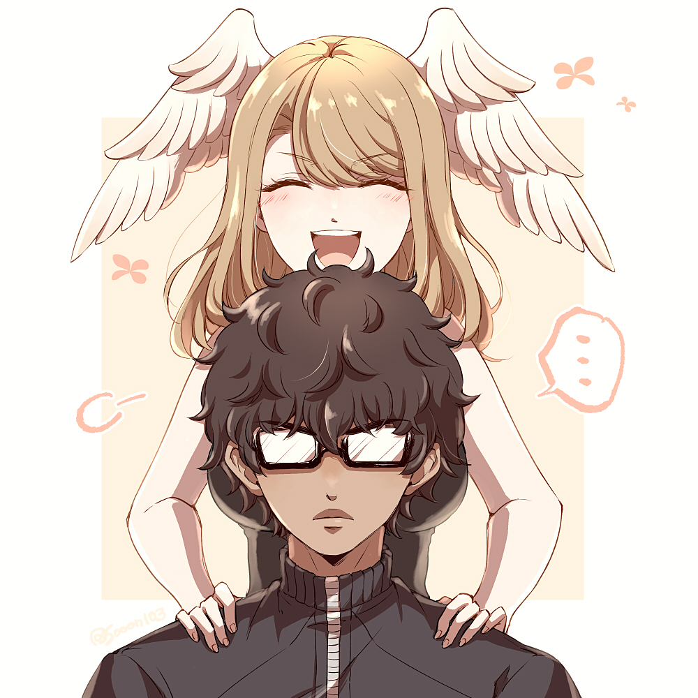 ..., 1boy, 1girl, :d, black-framed_eyewear, black_jacket, border, breasts, brown_hair, closed_eyes, commentary, eunie_(xenoblade), glasses, hands_on_another's_shoulders, head_wings, jacket, large_breasts, long_hair, outside_border, simple_background, smile, spoken_ellipsis, symbol-only_commentary, taion_(xenoblade), teeth, tomi_(sooon103), upper_teeth_only, white_border, wings, xenoblade_chronicles_(series), xenoblade_chronicles_3, yellow_background