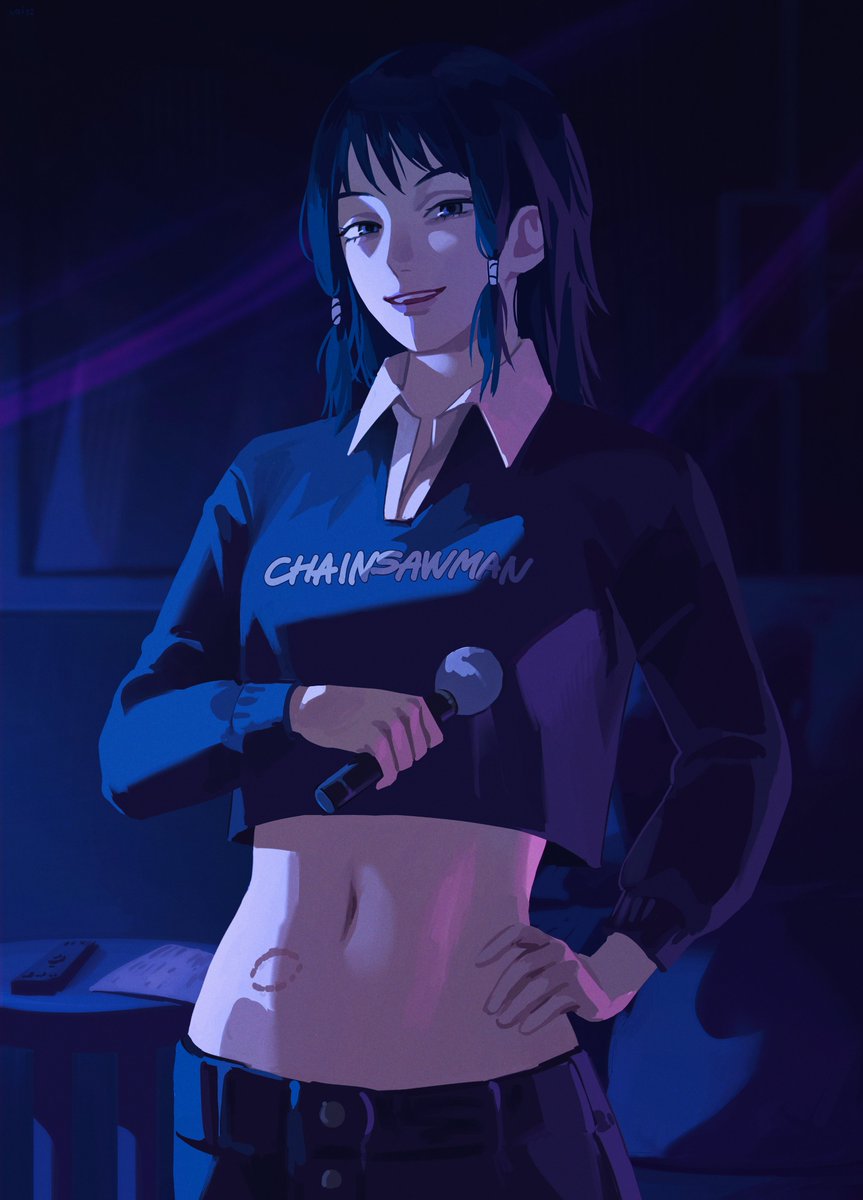 bite_mark, breasts, chainsaw_man, crop_top, hands_on_own_hips, highres, karaoke, medium_breasts