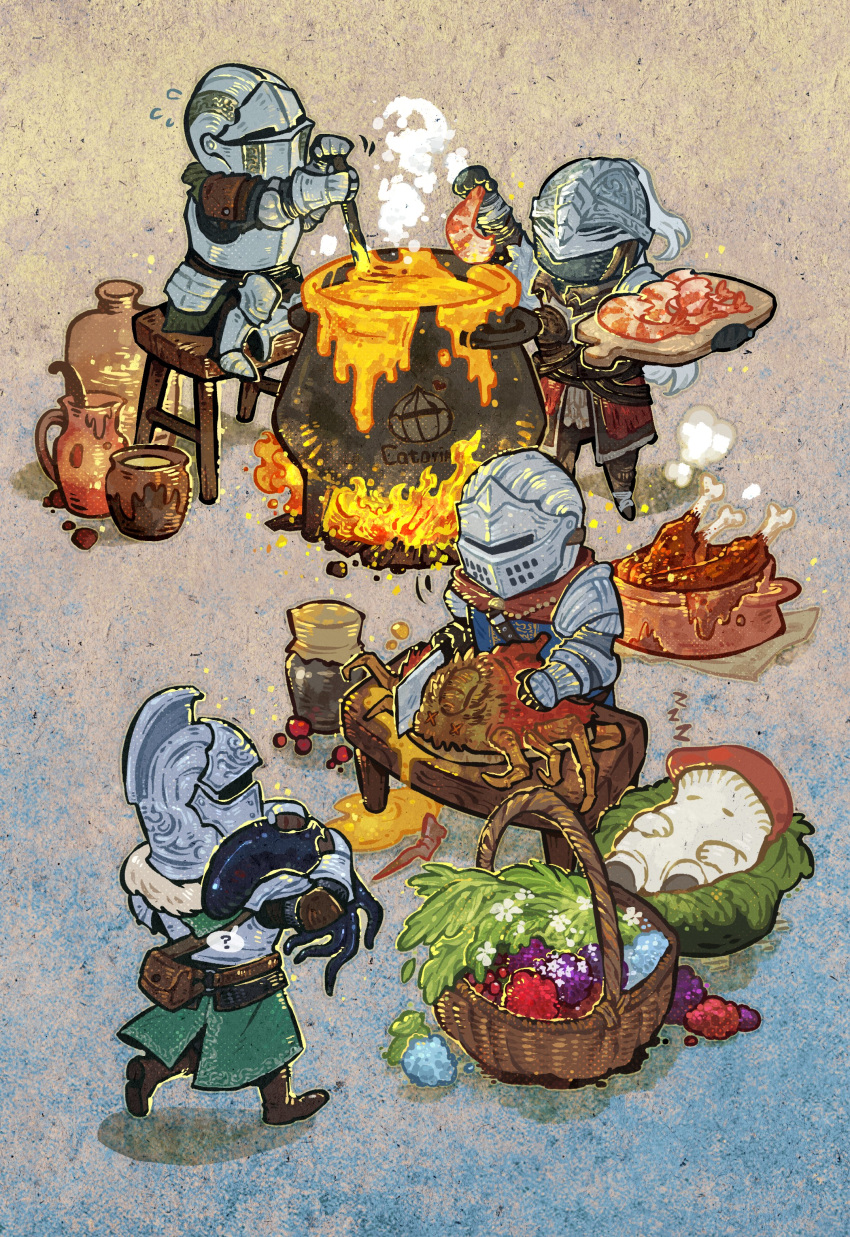 5others, absurdres, armor, ashen_one_(dark_souls_3), basket, bloodborne, bowl, butcher