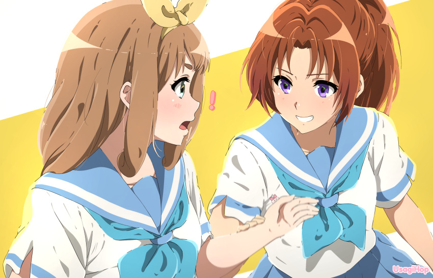 !, 2girls, artist_name, blue_eyes, brown_hair, grin, hibike!_euphonium, highres