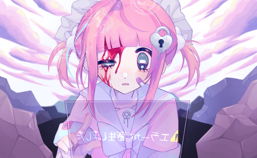 1girl, ahoge, aqua_bow, aqua_eyes, aqua_hair, bandaid, bandaid_on_cheek, bandaid_on_face