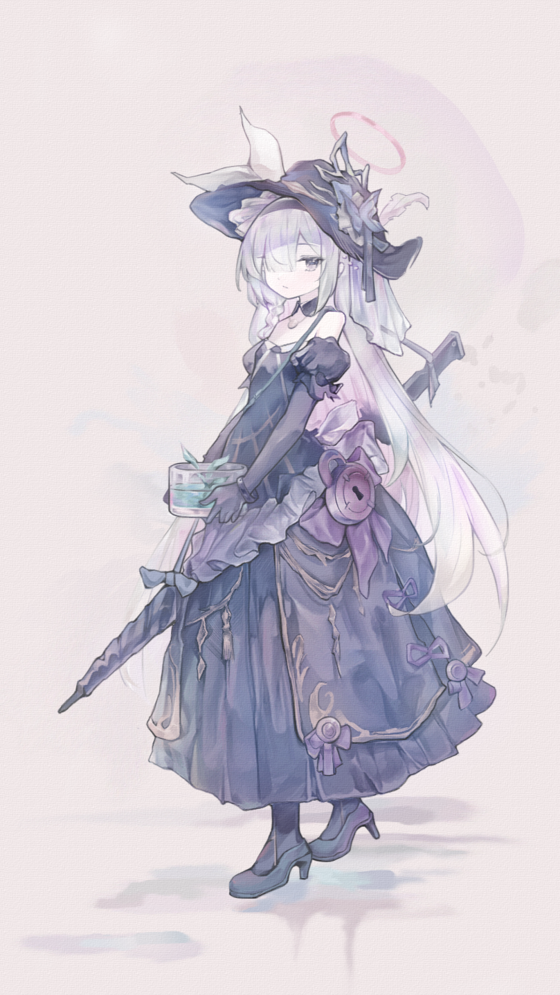 1girl, blue_archive, bracelet, commentary, dress, gloves, halo, hat