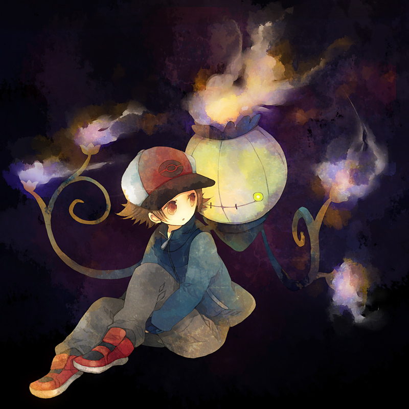acht, brown_eyes, brown_hair, chandelure, fire, hat, jacket, pokemon, pokemon_(game), pokemon_black_and_white, pokemon_bw, purple_fire, sabutarou, shoes, sitting, smoke, touya_(pokemon)