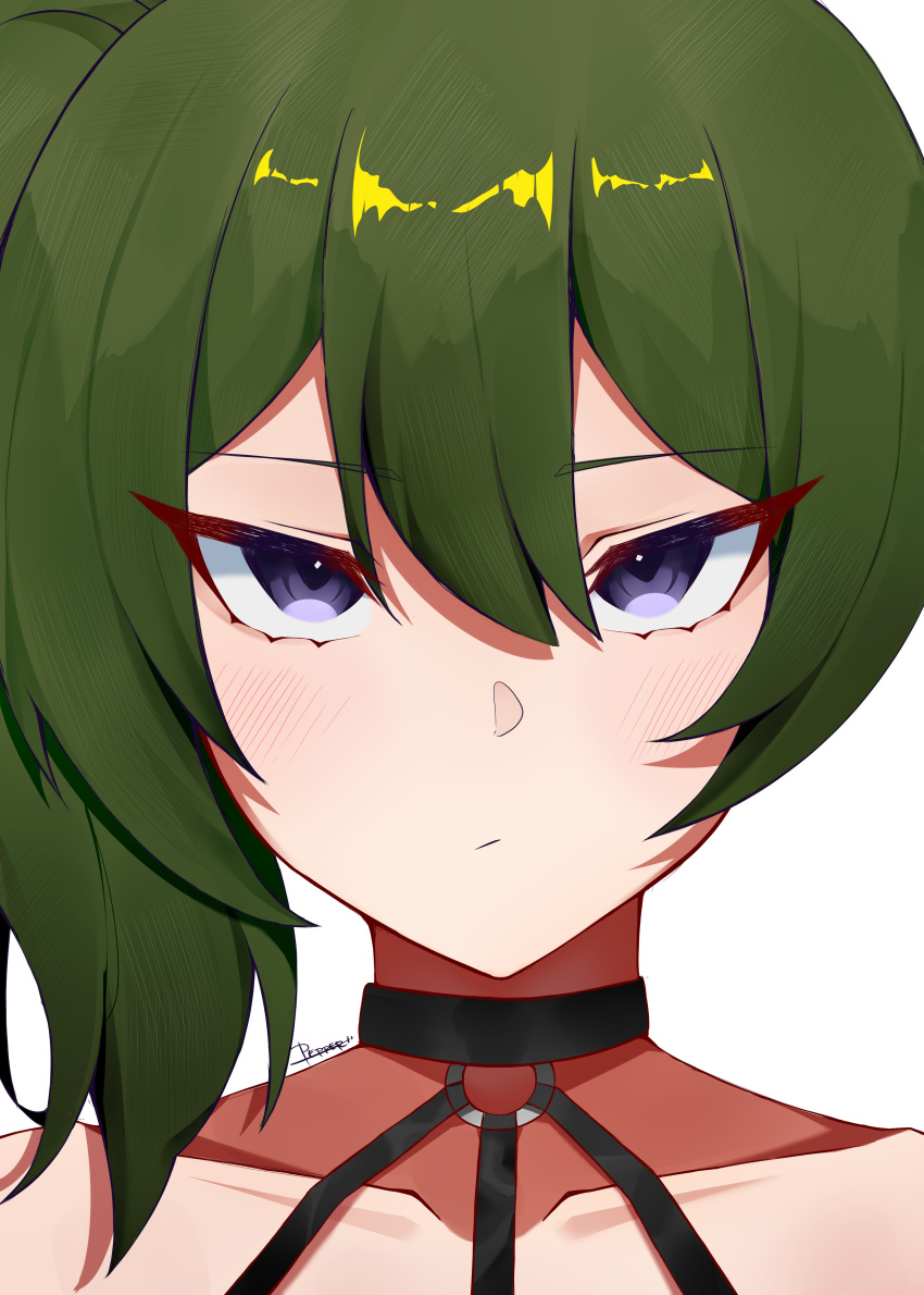 1girl, absurdres, artist_name, bare_shoulders, blush, collarbone, green_hair, highres
