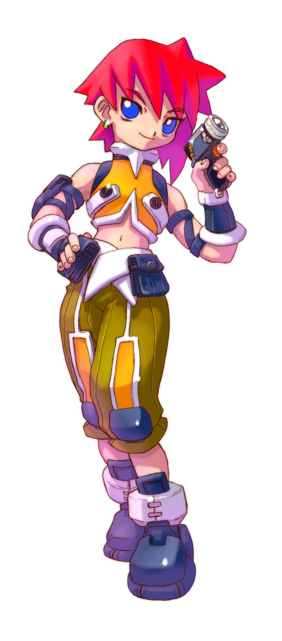 1girl, archived_source, bare_shoulders, blue_eyes, crop_top, earrings, full_body, green_pants