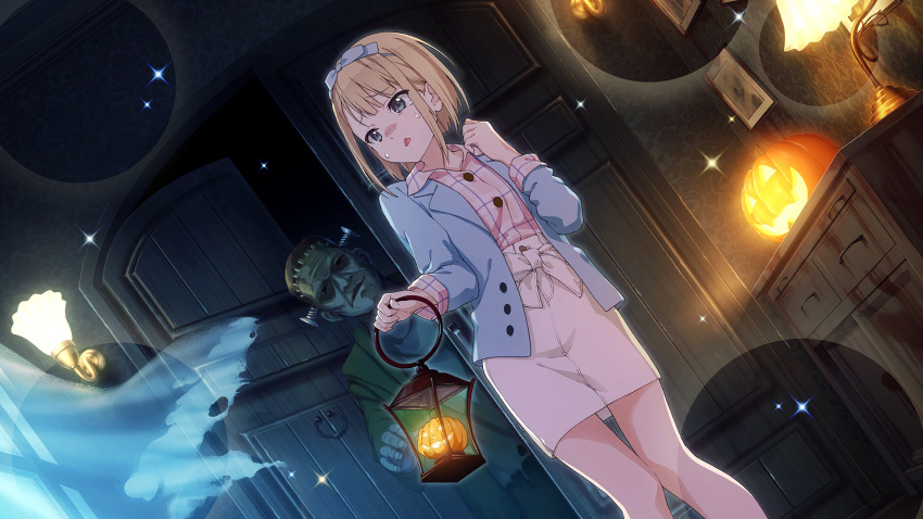 1girl, 22/7, 22/7_ongaku_no_jikan, blonde_hair, blue_hairband, blue_jacket, blue_ribbon, collared_shirt