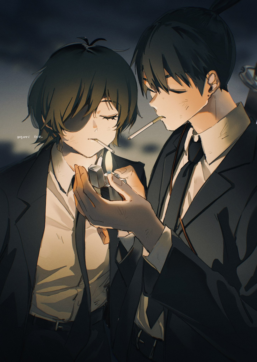 1boy, 1girl, black_hair, black_jacket, black_necktie, black_pants, black_suit, chainsaw_man