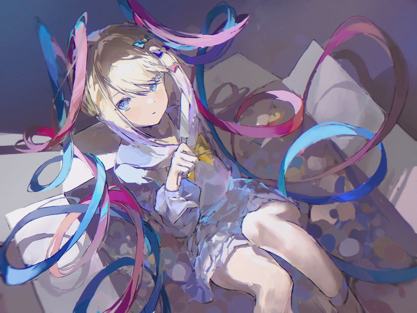 1girl, blonde_hair, blue_bow, blue_eyes, blue_hair, blue_serafuku, blue_shirt, blue_skirt