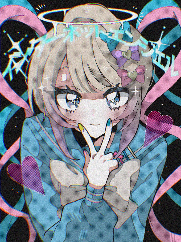 1girl, black_background, blonde_hair, blue_bow, blue_eyes, blue_hair, blue_nails, blue_shirt