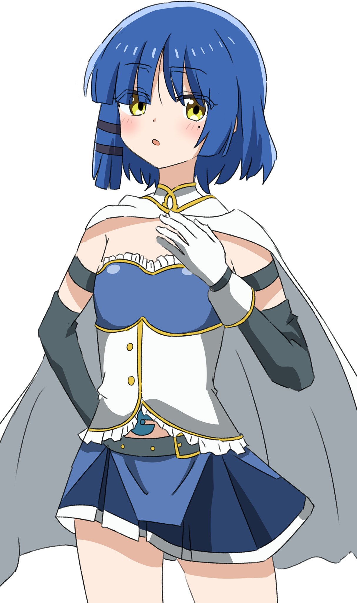 1girl, belt, black_sleeves, blue_hair, blue_skirt, blush, bocchi_the_rock!, cape