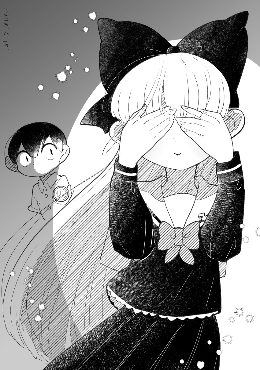 1boy, 1girl, absurdres, arigasaki_chitose, bow, covering_own_eyes, facing_viewer, flashlight