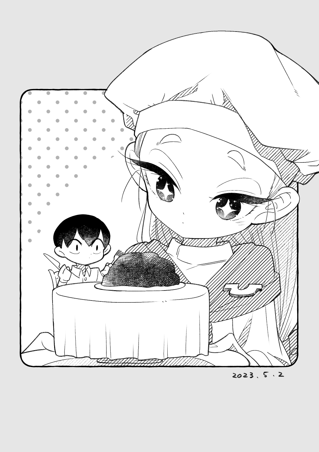 +_+, 1boy, 1girl, arigasaki_chitose, chef_hat, dated, food, fork