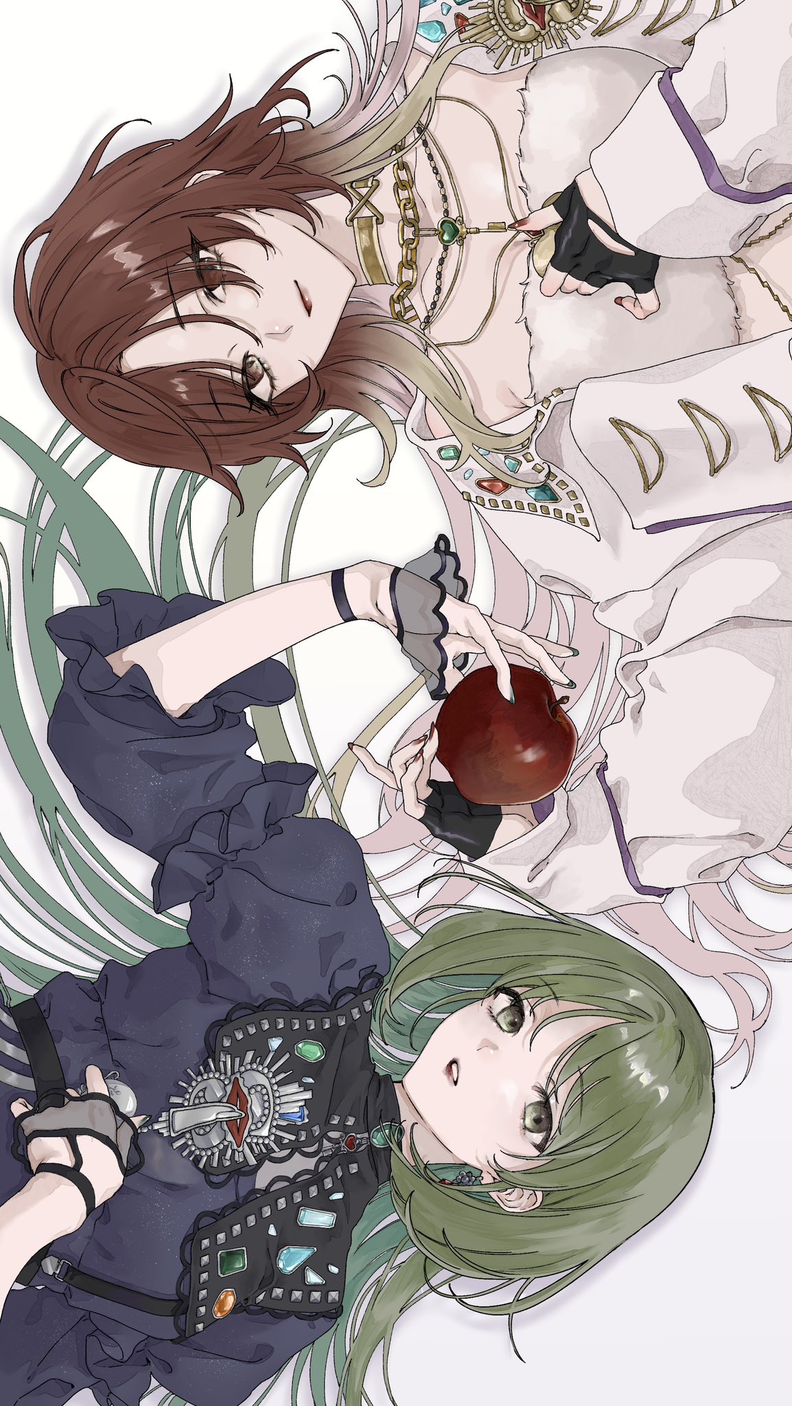 2girls, :o, aketa_mikoto, apple, black_gloves, black_sailor_collar, black_shirt, brown_hair
