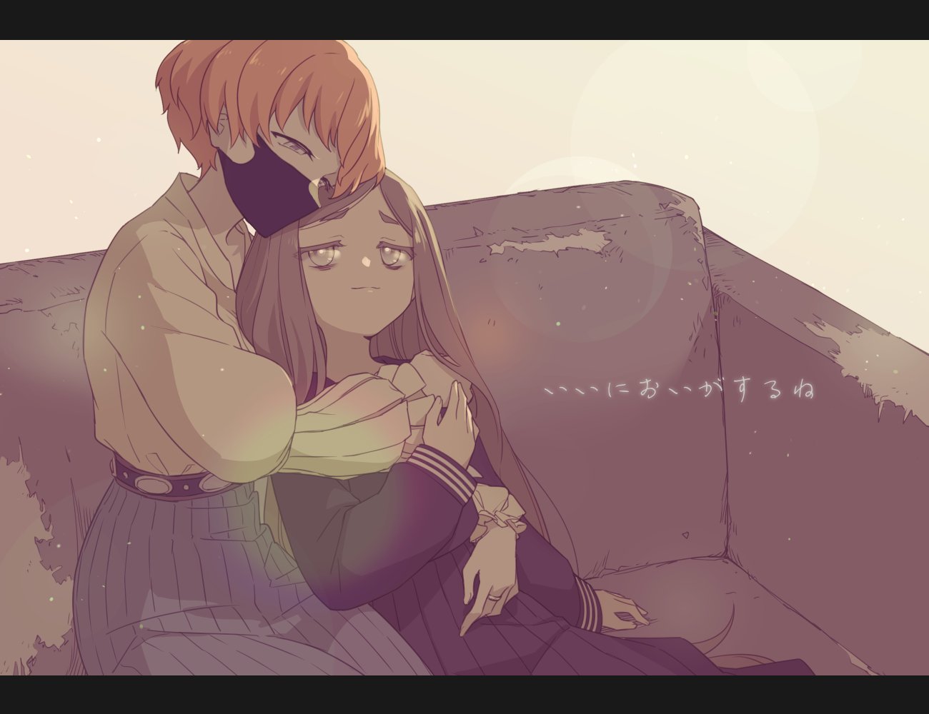 2girls, black_serafuku, black_shirt, black_skirt, blue_skirt, closed_mouth, commentary_request, couch