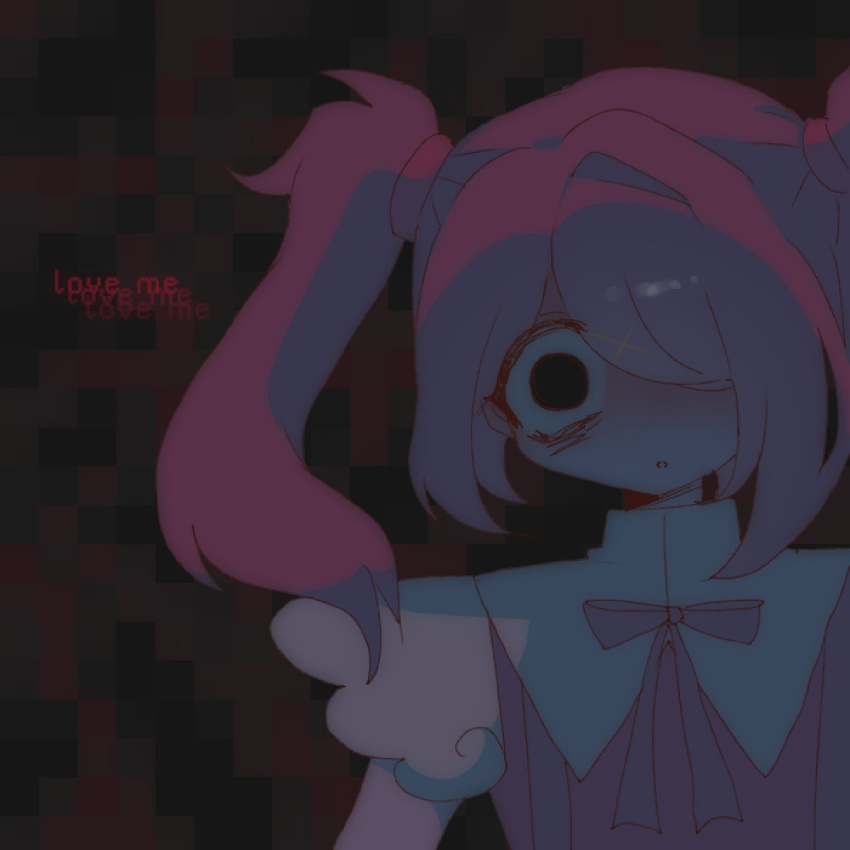 1girl, ame-chan_(needy_girl_overdose), bags_under_eyes, black_eyes, black_ribbon, brown_background, candyseru, commentary, constricted_pupils, english_text, hair_over_one_eye, highres, long_hair, looking_at_viewer, neck_ribbon, needy_girl_overdose, open_mouth, red_shirt, ribbon, shirt, solo, suspenders, symbol-only_commentary, twintails, upper_body, wide-eyed