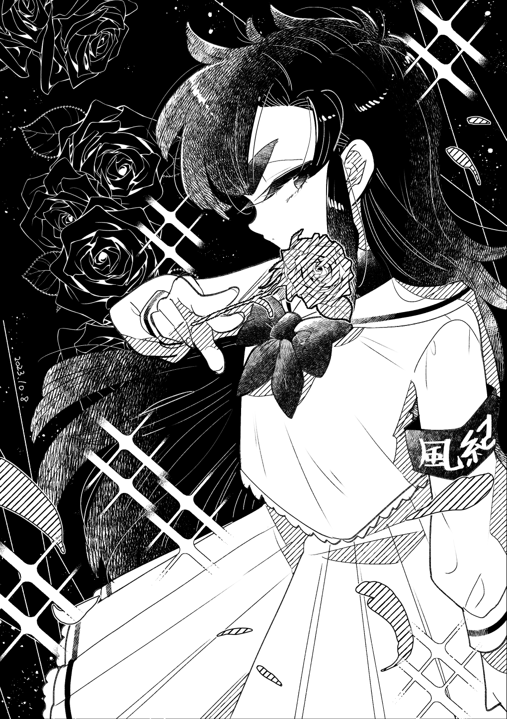 1girl, armband, bow, flower, greyscale, highres, holding, holding_flower