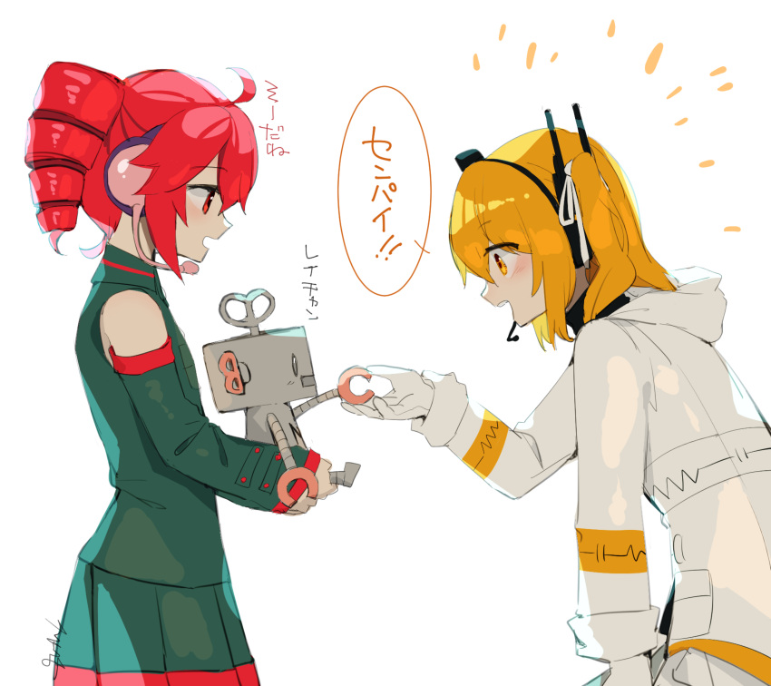 2girls, ^^^, a.i._voice, absurdres, adachi_rei, ahoge, backlighting, bent_over
