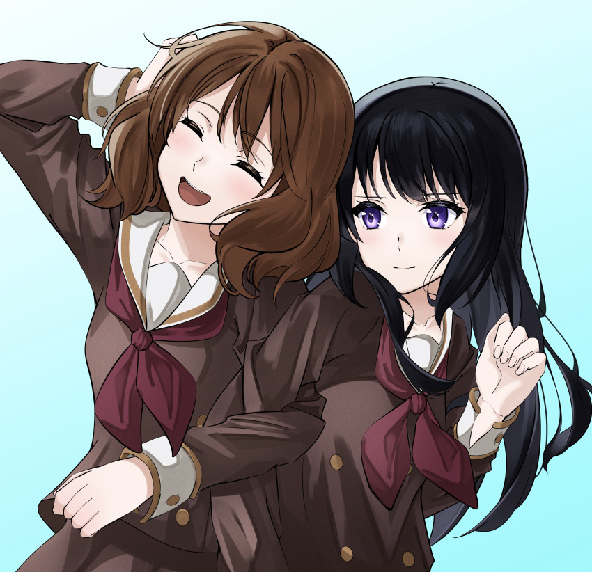 2girls, absurdres, akane_(tgixb), arm_hug, black_hair, brown_hair, clinging, fluffy_hair