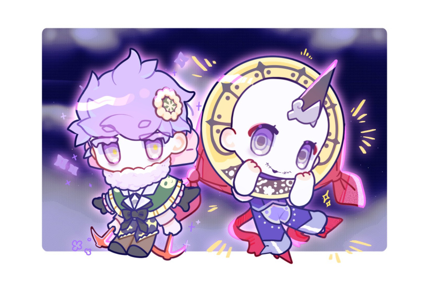 2girls, bald, black_footwear, black_horns, capelet, chibi, chinese_commentary, colored_skin