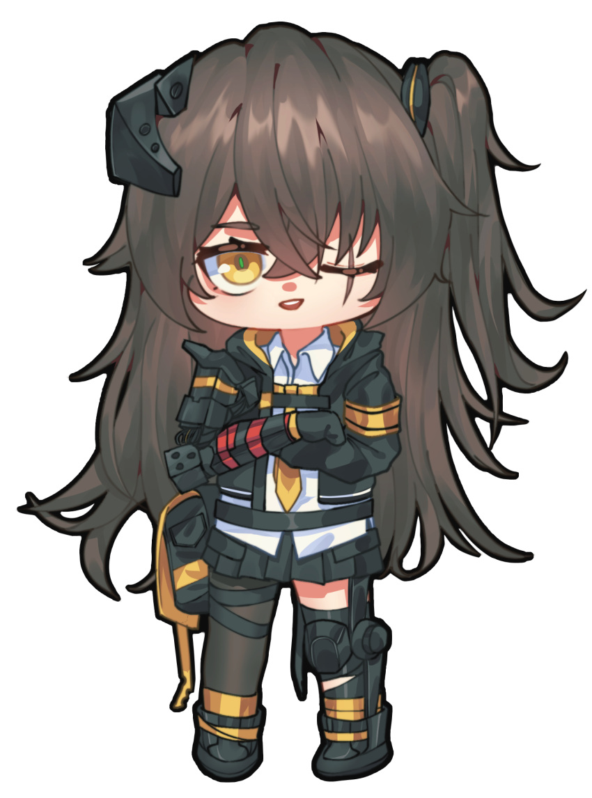 1girl, armband, asymmetrical_legwear, black_gloves, black_jacket, black_skirt, chibi, full_body