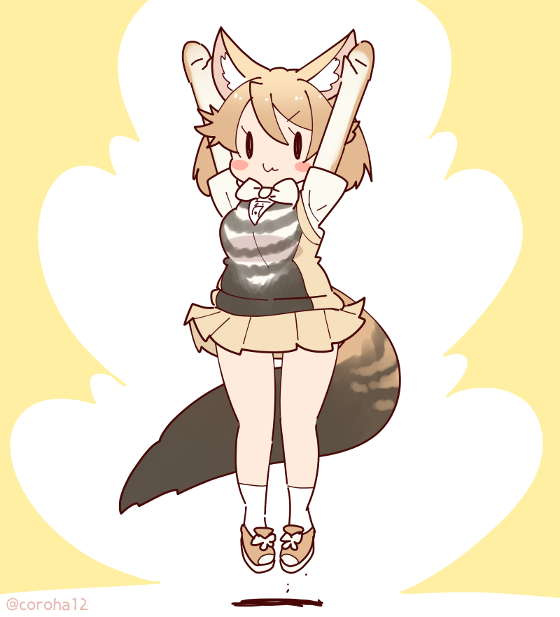 1girl, animal_ears, arms_up, black-backed_jackal_(kemono_friends), bow, bowtie, brown_hair, cardigan