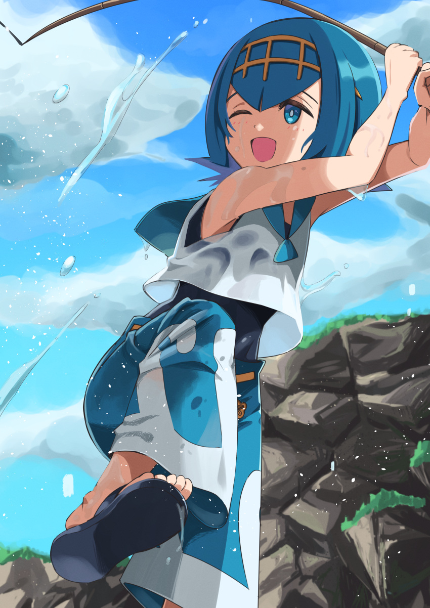 1girl, ;d, absurdres, arms_up, black_footwear, blue_eyes, blue_hair, blue_pants, bright_pupils, clouds, commentary_request, coralreef966, day, fishing, fishing_rod, hairband, highres, holding, holding_fishing_rod, lana_(pokemon), leg_up, one_eye_closed, open_mouth, outdoors, pants, pokemon, pokemon_sm, sandals, shirt, short_hair, sky, sleeveless, sleeveless_shirt, smile, solo, swimsuit, swimsuit_under_clothes, toes, white_shirt, yellow_hairband