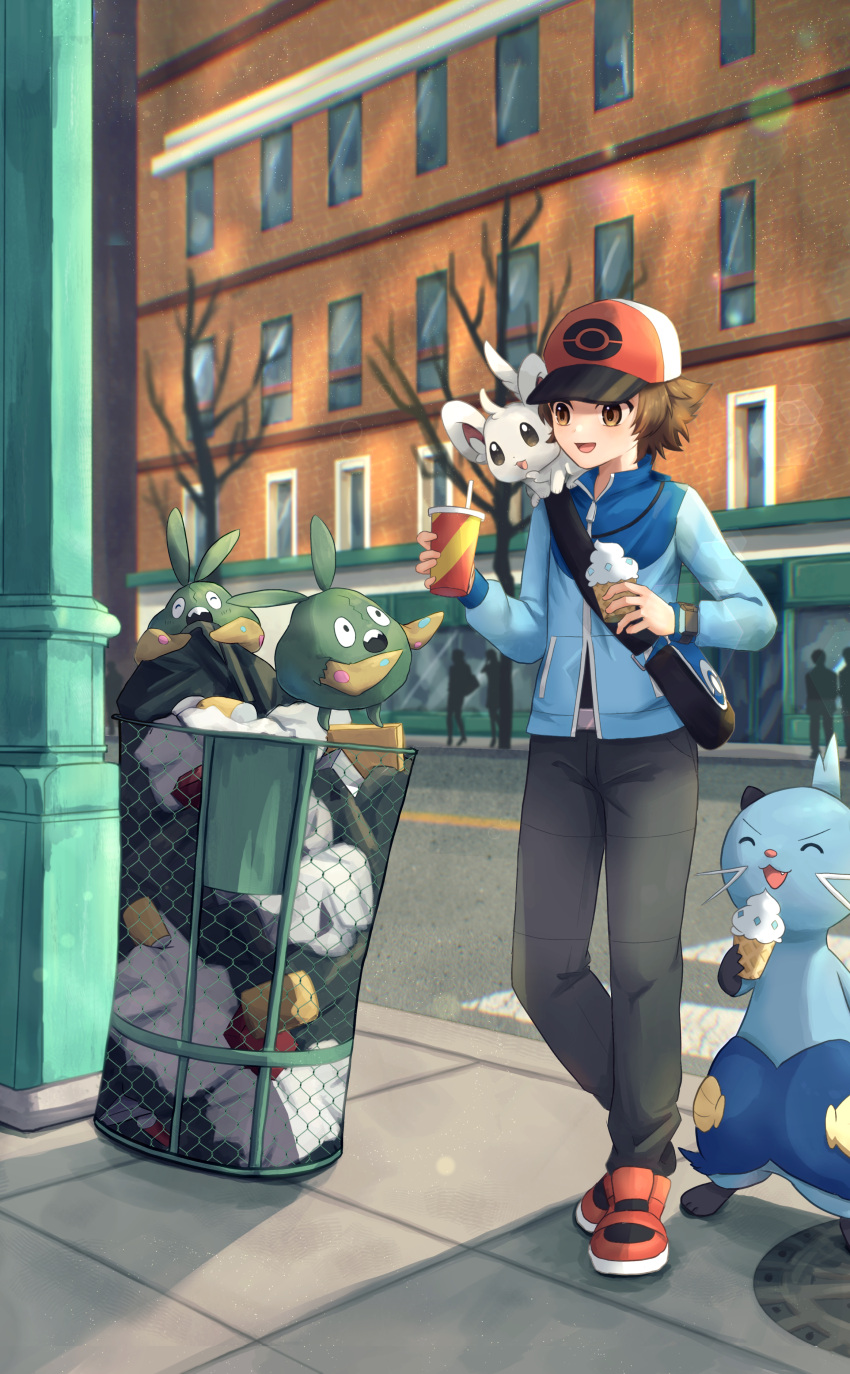 1boy, :d, absurdres, blue_jacket, brown_eyes, brown_hair, building, commentary_request