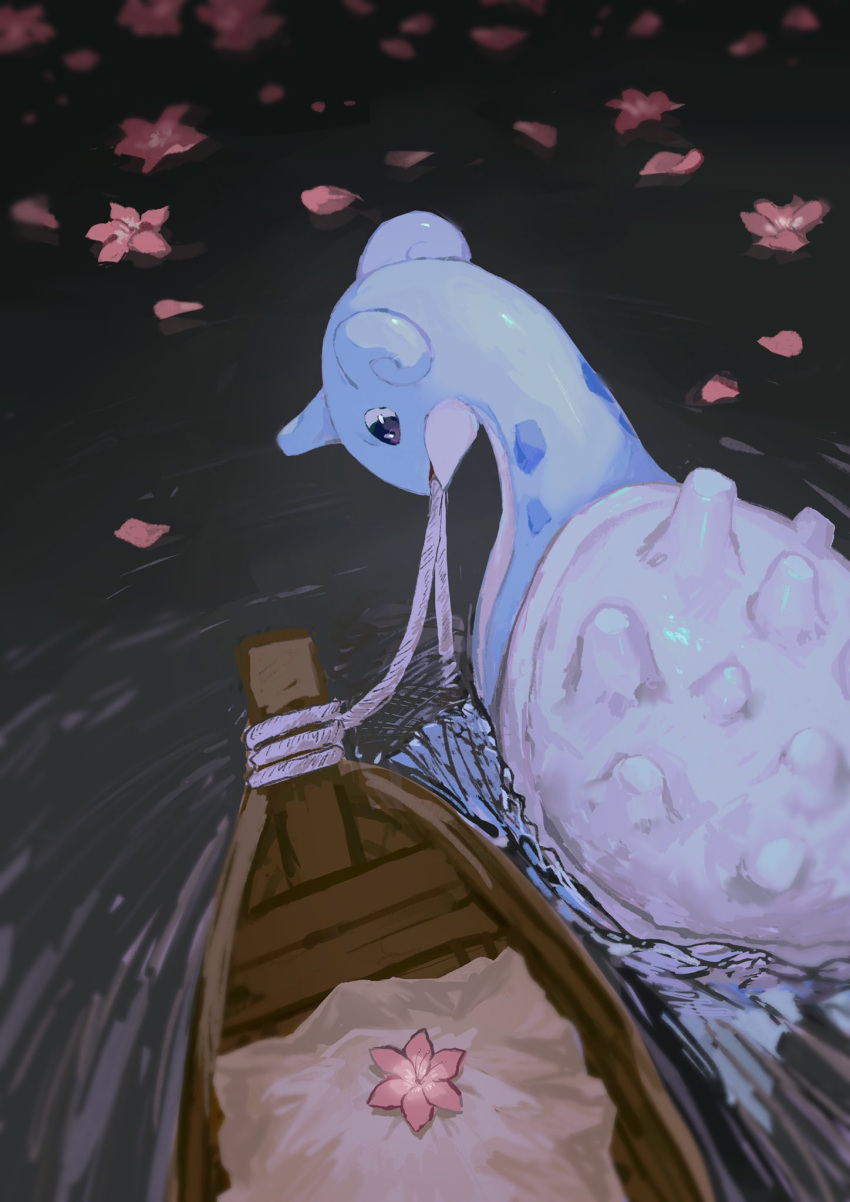 black_eyes, boat, burial_at_sea, flower, furirikkuru, highres, lapras, mouth_hold