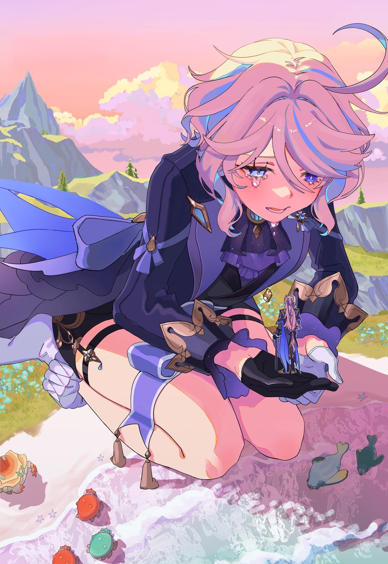 1boy, 1girl, ahoge, ascot, asymmetrical_gloves, beach, black_gloves, blue_ascot
