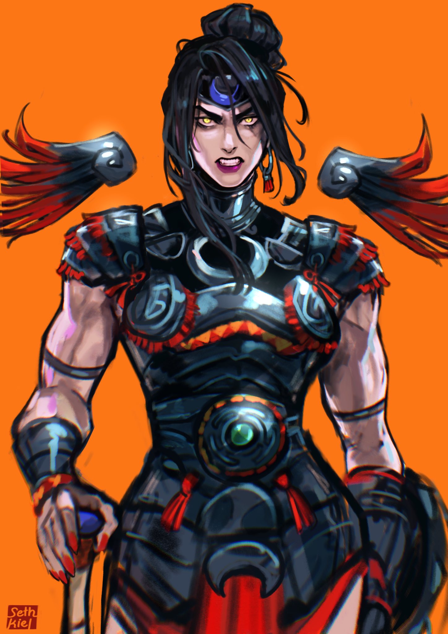 1girl, armor, artist_name, black_hair, breastplate, circlet, clenched_teeth, cowboy_shot