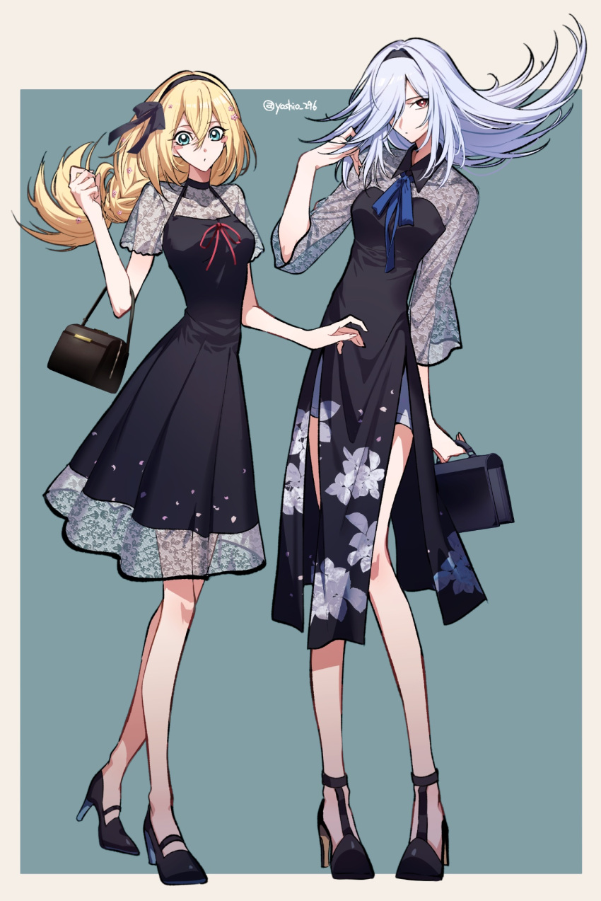 2girls, alternate_costume, alternate_hairstyle, bag, black_dress, blonde_hair, blush_stickers, border, breasts, brown_eyes, dark_magician_girl, dress, duel_monster, full_body, green_background, green_eyes, grey_hair, hair_between_eyes, hair_over_one_eye, high_heels, highres, holding, holding_bag, lace_dress, long_hair, medium_breasts, multiple_girls, parted_bangs, see-through, see-through_dress, silent_magician, simple_background, twitter_username, white_border, yoshio_296, yu-gi-oh!